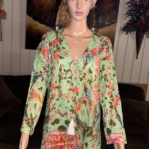 Caribbean Joe ~ Large ~ Green W/ Gold & Red Floral Tunic Swim Coverup Dress - Picture 6 of 15